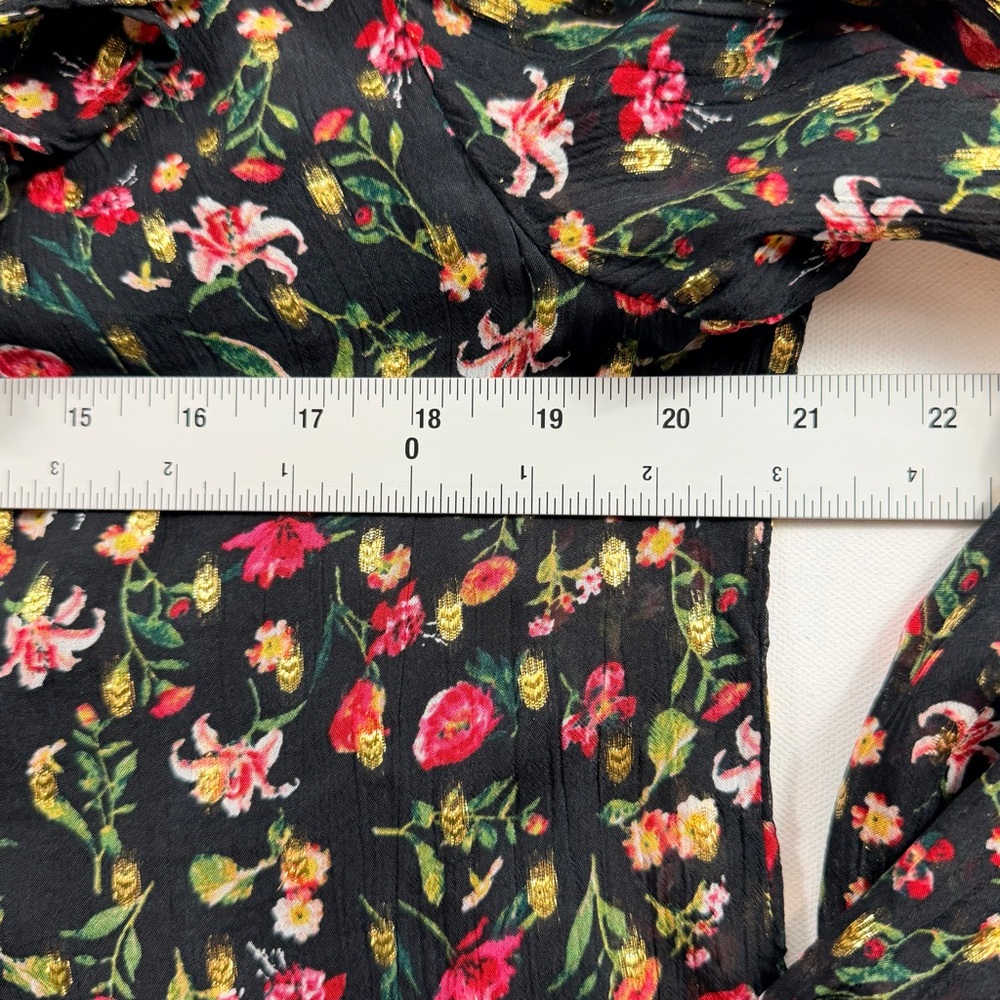 J.Crew Black Floral Gold Metallic Ruffle Blouse Large Romantic Holiday Party Top - Picture 6 of 10